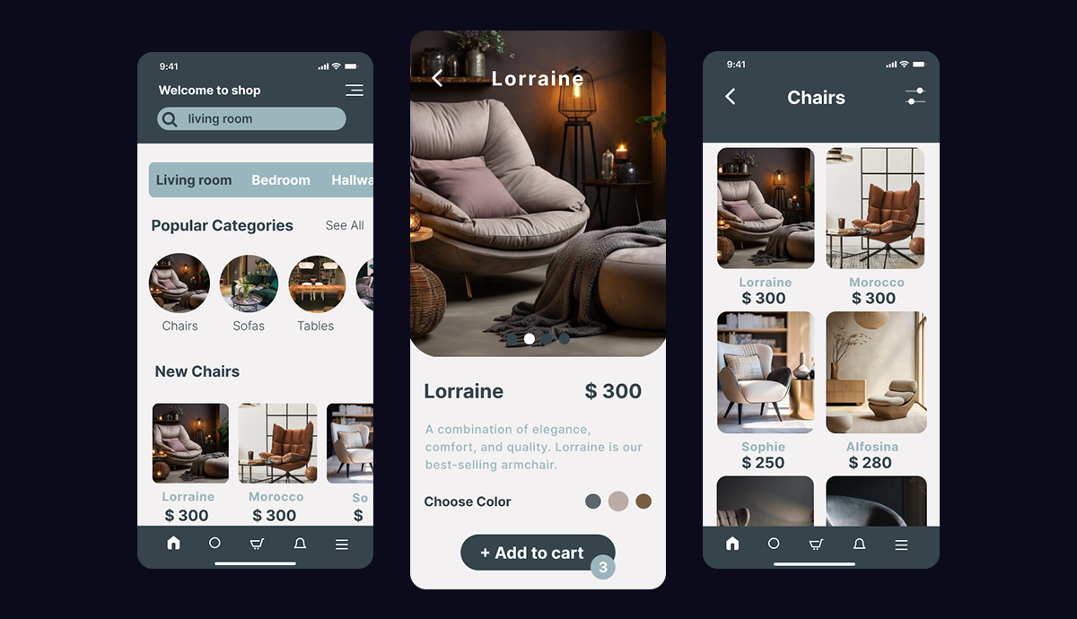Modern furniture app design with minimalist aesthetics
